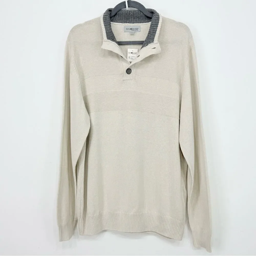 Sun River Clothing Co. Ivory Heather Quarter Button Cotton Pullover Sweater NEW